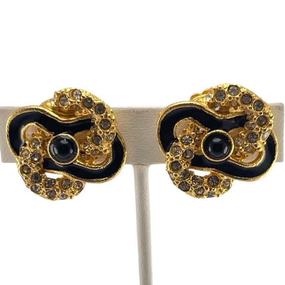 Roxanne Assoulin 1980s Designer Vintage Clip-On Earrings Gold Black Enamel Rhine - Picture 2 of 8